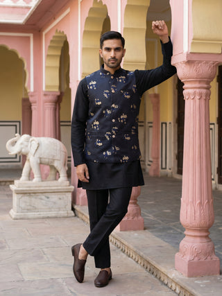 Embossed Nehru Jacket With Solid Kurta Pyjama.