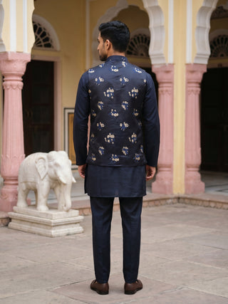 Embossed Nehru Jacket With Solid Kurta Pyjama.