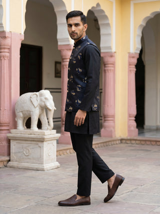 Embossed Nehru Jacket With Solid Kurta Pyjama.