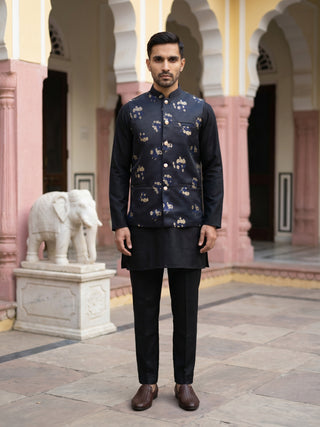 Embossed Nehru Jacket With Solid Kurta Pyjama.