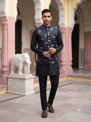 Embossed Nehru Jacket With Solid Kurta Pyjama.