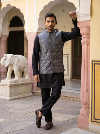 Premium Woven Design Nehru Jacket with Kurta Pyjama
