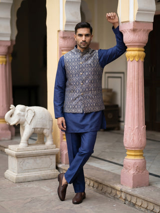 Men's Ethnic Woven Design Nehru Jacket with Kurta Pyjama