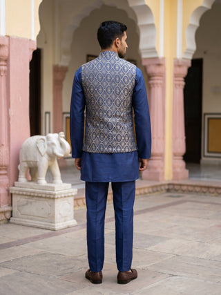 Men's Ethnic Woven Design Nehru Jacket with Kurta Pyjama