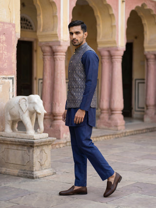 Men's Ethnic Woven Design Nehru Jacket with Kurta Pyjama