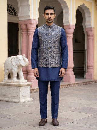 Men's Ethnic Woven Design Nehru Jacket with Kurta Pyjama