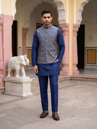 Men's Ethnic Woven Design Nehru Jacket with Kurta Pyjama