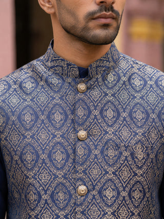 Men's Ethnic Woven Design Nehru Jacket with Kurta Pyjama