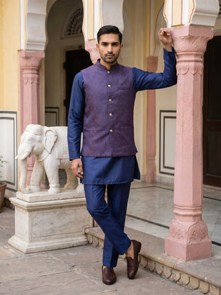 Men's Ethnic Woven Design Nehru Jacket with Kurta Pyjama