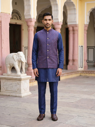 Men's Ethnic Woven Design Nehru Jacket with Kurta Pyjama