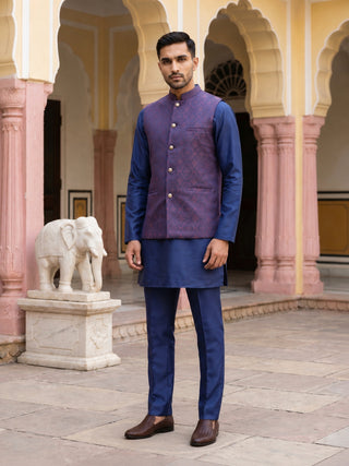 Men's Ethnic Woven Design Nehru Jacket with Kurta Pyjama