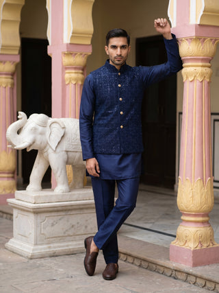 Men Embroidered Velvet Nehru Jacket Kurta Pyjama Set