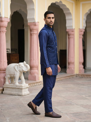 Men Embroidered Velvet Nehru Jacket Kurta Pyjama Set