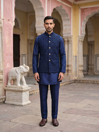 Men Embroidered Velvet Nehru Jacket Kurta Pyjama Set