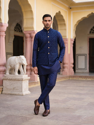 Men Embroidered Velvet Nehru Jacket Kurta Pyjama Set