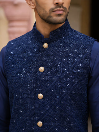 Men Embroidered Velvet Nehru Jacket Kurta Pyjama Set