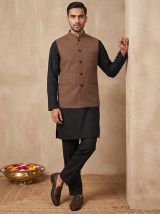 Solid Cotton Blend Nehru Jacket with Silk Blend Kurta Set