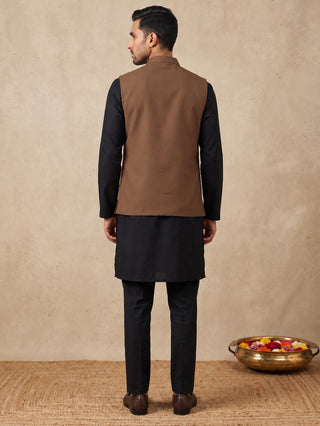 Solid Cotton Blend Nehru Jacket with Silk Blend Kurta Set