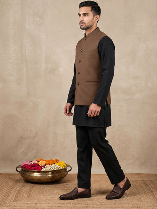 Solid Cotton Blend Nehru Jacket with Silk Blend Kurta Set
