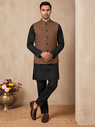Solid Cotton Blend Nehru Jacket with Silk Blend Kurta Set