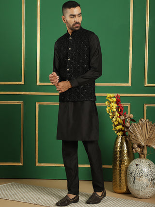 Men's Velvet Nehru Jacket With Solid Kurta Pyjama