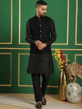 Men's Velvet Nehru Jacket With Solid Kurta Pyjama