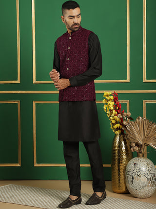 Men's Velvet Nehru Jacket With Solid Kurta Pyjama