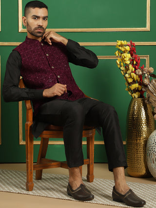 Men's Velvet Nehru Jacket With Solid Kurta Pyjama