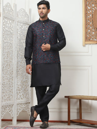 Embroidered Nehru Jacket With Solid Kurta Pyjama Set