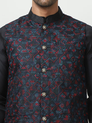 Embroidered Nehru Jacket With Solid Kurta Pyjama Set