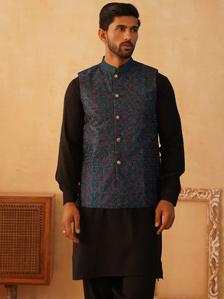 Embroidered Nehru Jacket With Solid Kurta Pyjama Set