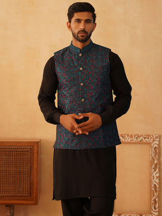 Embroidered Nehru Jacket With Solid Kurta Pyjama Set