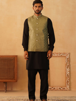 Embroidered Nehru Jacket With Solid Kurta Pyjama Set