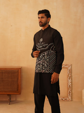 Embroidered Nehru Jacket With Solid Kurta Pyjama Set