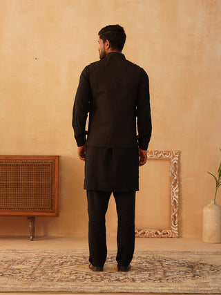 Embroidered Nehru Jacket With Solid Kurta Pyjama Set