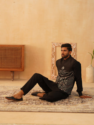 Embroidered Nehru Jacket With Solid Kurta Pyjama Set