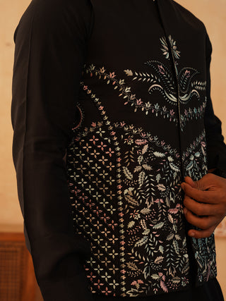 Embroidered Nehru Jacket With Solid Kurta Pyjama Set