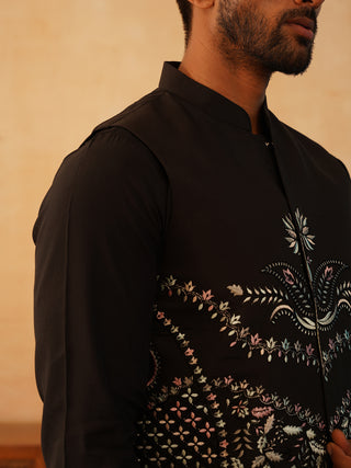 Embroidered Nehru Jacket With Solid Kurta Pyjama Set