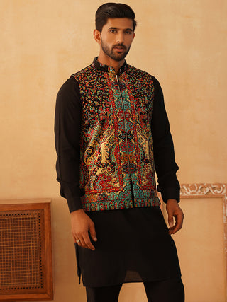 Paisley Printed Nehru Jacket With Solid Kurta Pyjama Set