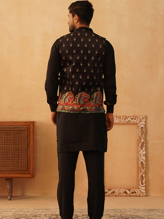 Paisley Printed Nehru Jacket With Solid Kurta Pyjama Set