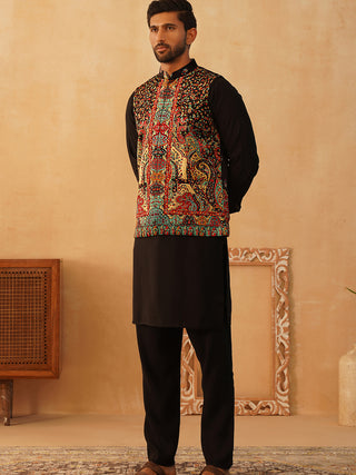 Paisley Printed Nehru Jacket With Solid Kurta Pyjama Set