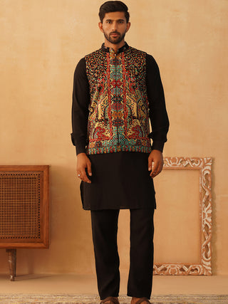 Paisley Printed Nehru Jacket With Solid Kurta Pyjama Set