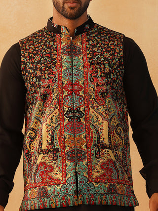 Paisley Printed Nehru Jacket With Solid Kurta Pyjama Set