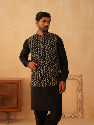 Embroidered Nehru Jacket With Solid Kurta Pyjama Set