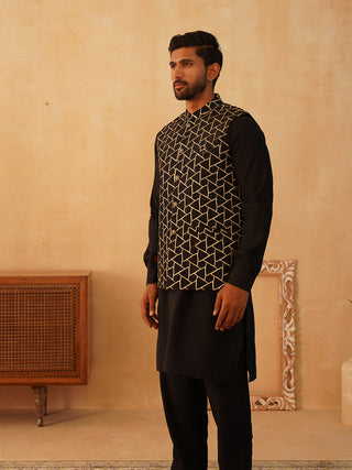 Embroidered Nehru Jacket With Solid Kurta Pyjama Set