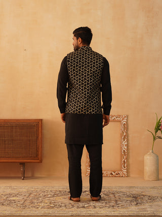 Embroidered Nehru Jacket With Solid Kurta Pyjama Set