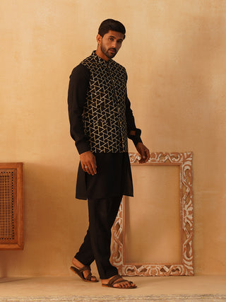 Embroidered Nehru Jacket With Solid Kurta Pyjama Set