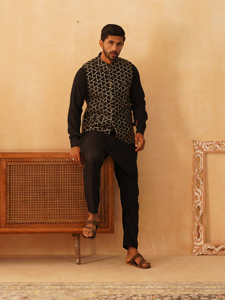 Embroidered Nehru Jacket With Solid Kurta Pyjama Set