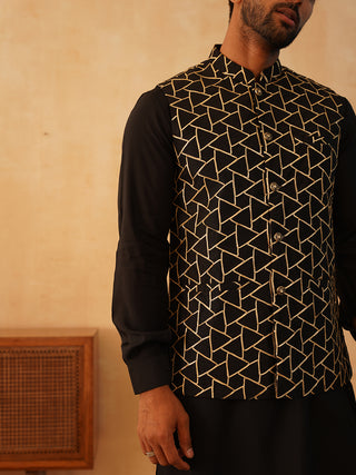 Embroidered Nehru Jacket With Solid Kurta Pyjama Set