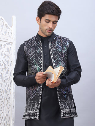 Embroidered Nehru Jacket With Solid Kurta Pyjama Set